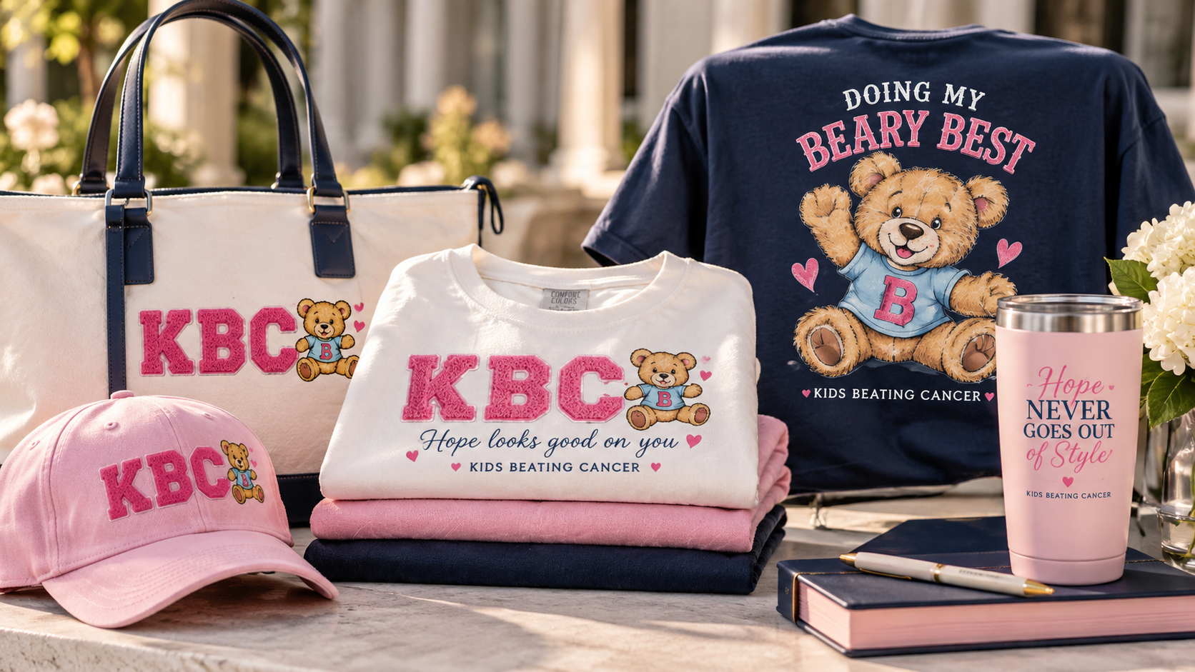 Kids Beating Cancer merchandise: embroidered tote, cap, tees and tumbler
